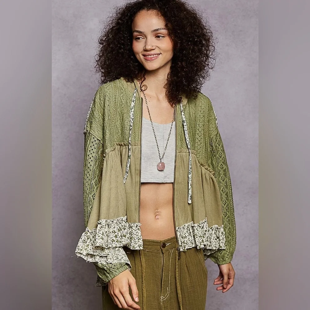 ⚡️ POL “ Basil Meadow “ Ruffle Knit Zip Up | Dried Basil - Picture 1 of 5